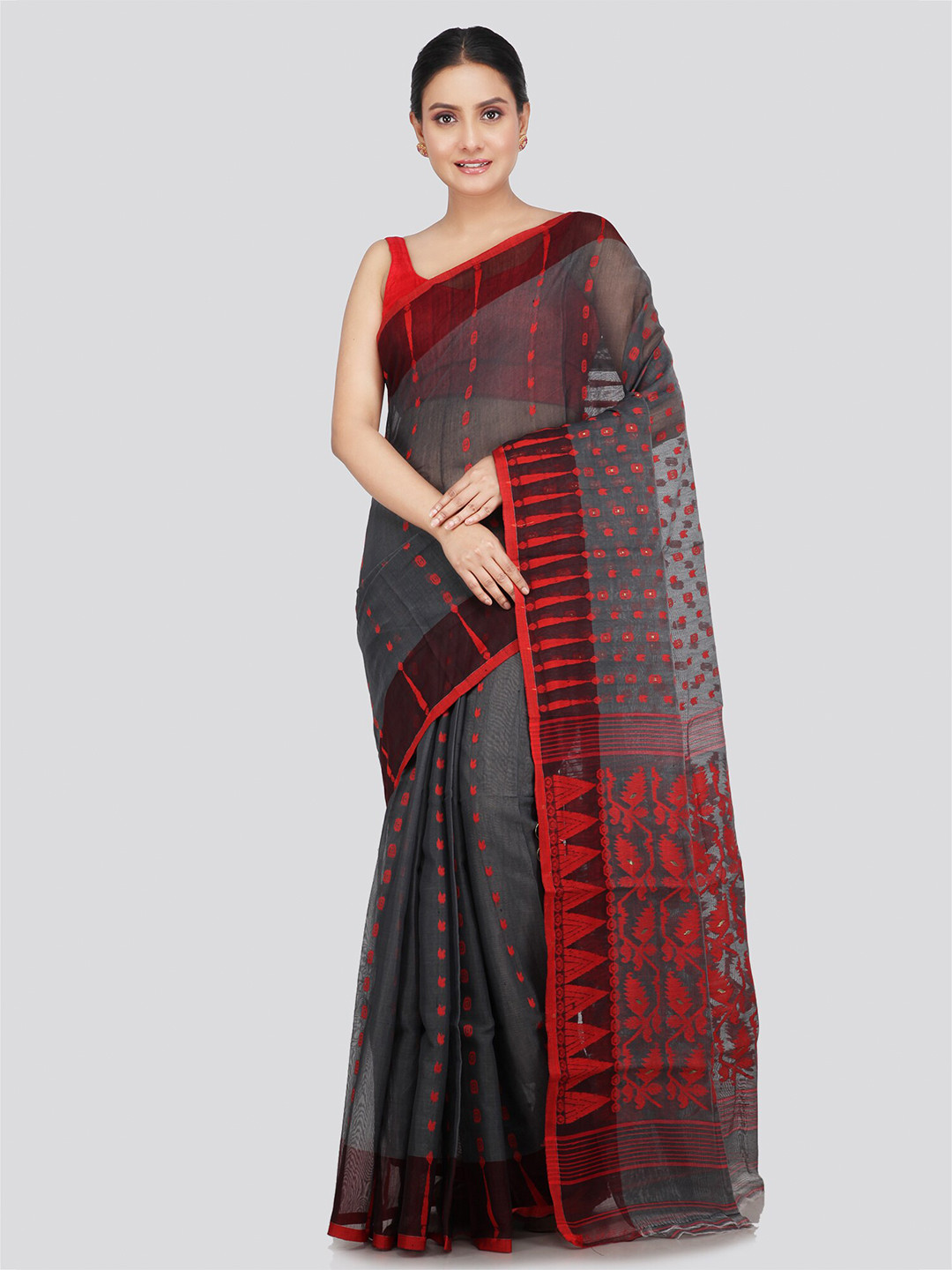 

PinkLoom Woven Design Pure Cotton Jamdani Saree, Black