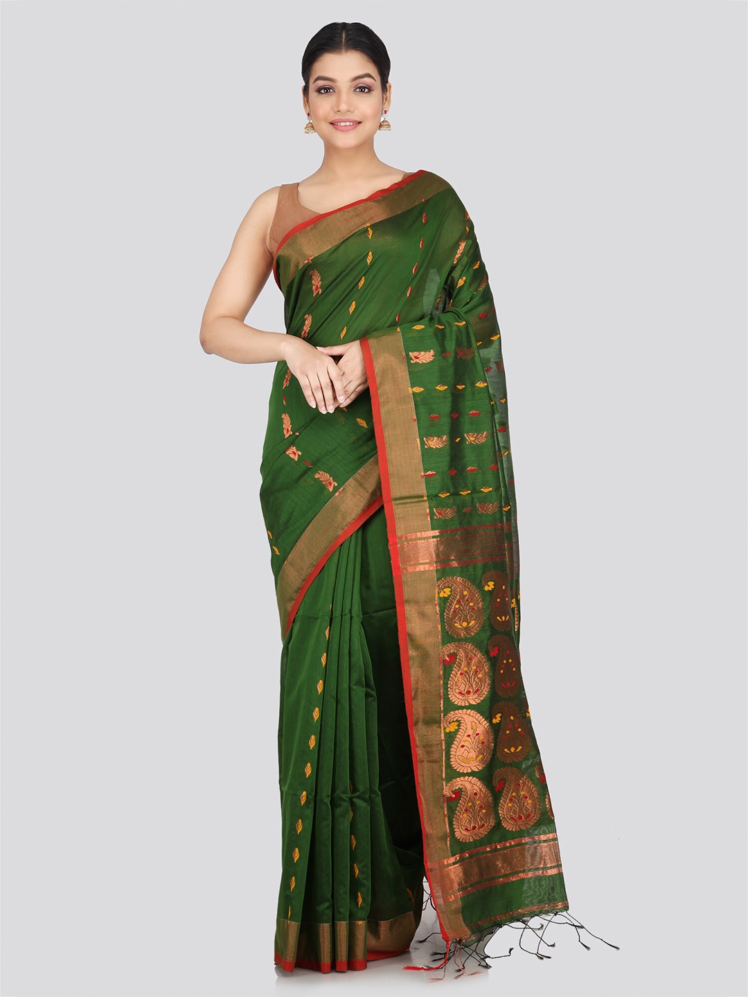 

PinkLoom Ethnic Motifs Woven Design Cotton Silk Saree, Green