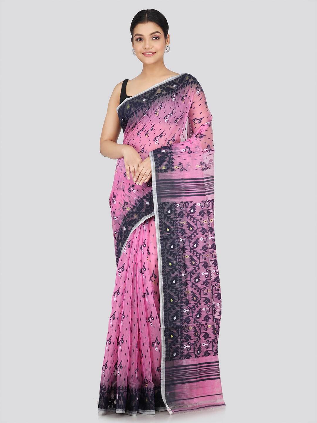 

PinkLoom Woven Design Pure Cotton Jamdani Saree, Pink