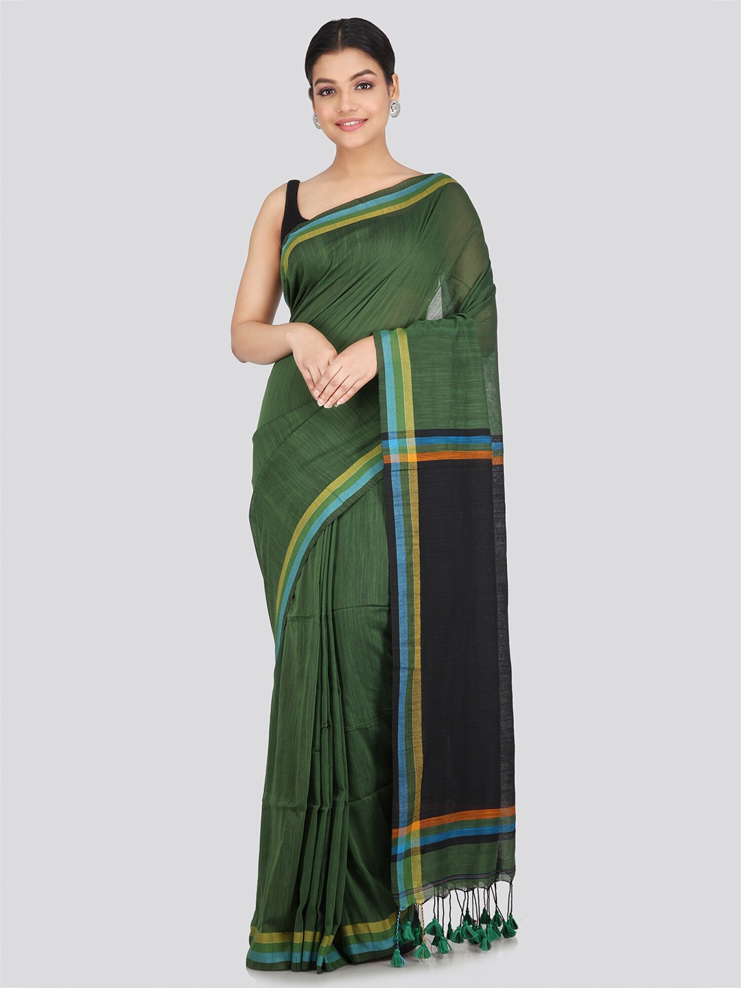 

PinkLoom Pure Cotton Striped Border Saree, Green