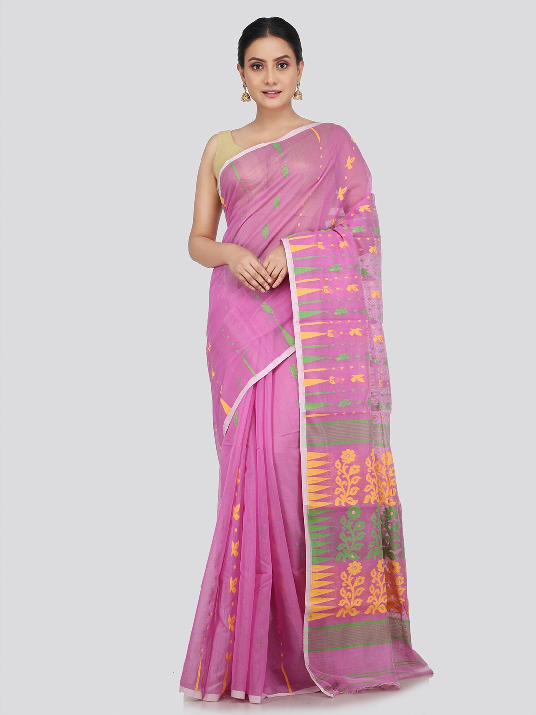 

PinkLoom Woven Design Pure Cotton Jamdani Saree, Pink