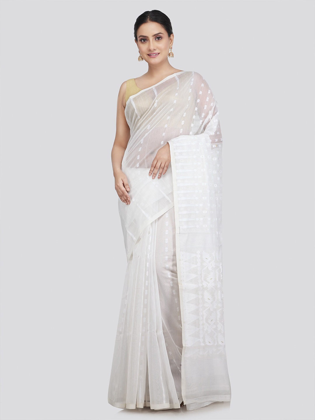 

PinkLoom Ethnic Motif Woven Design Pure Cotton Jamdani Saree, White