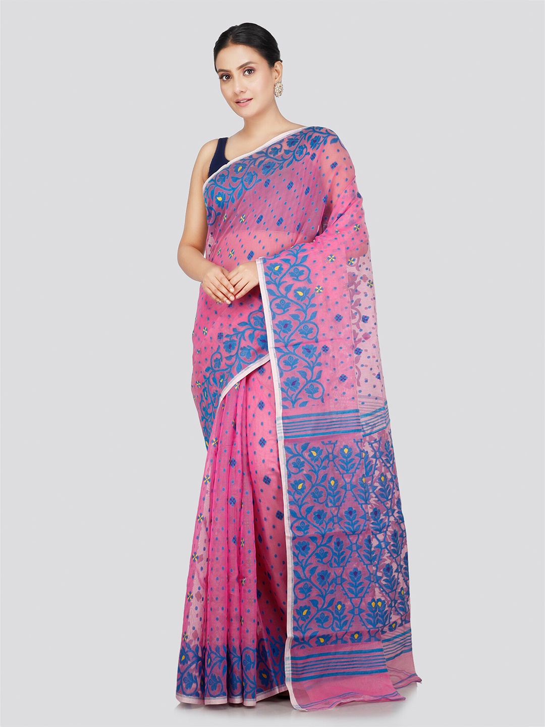 

PinkLoom Floral Woven Design Pure Cotton Jamdani Saree, Pink