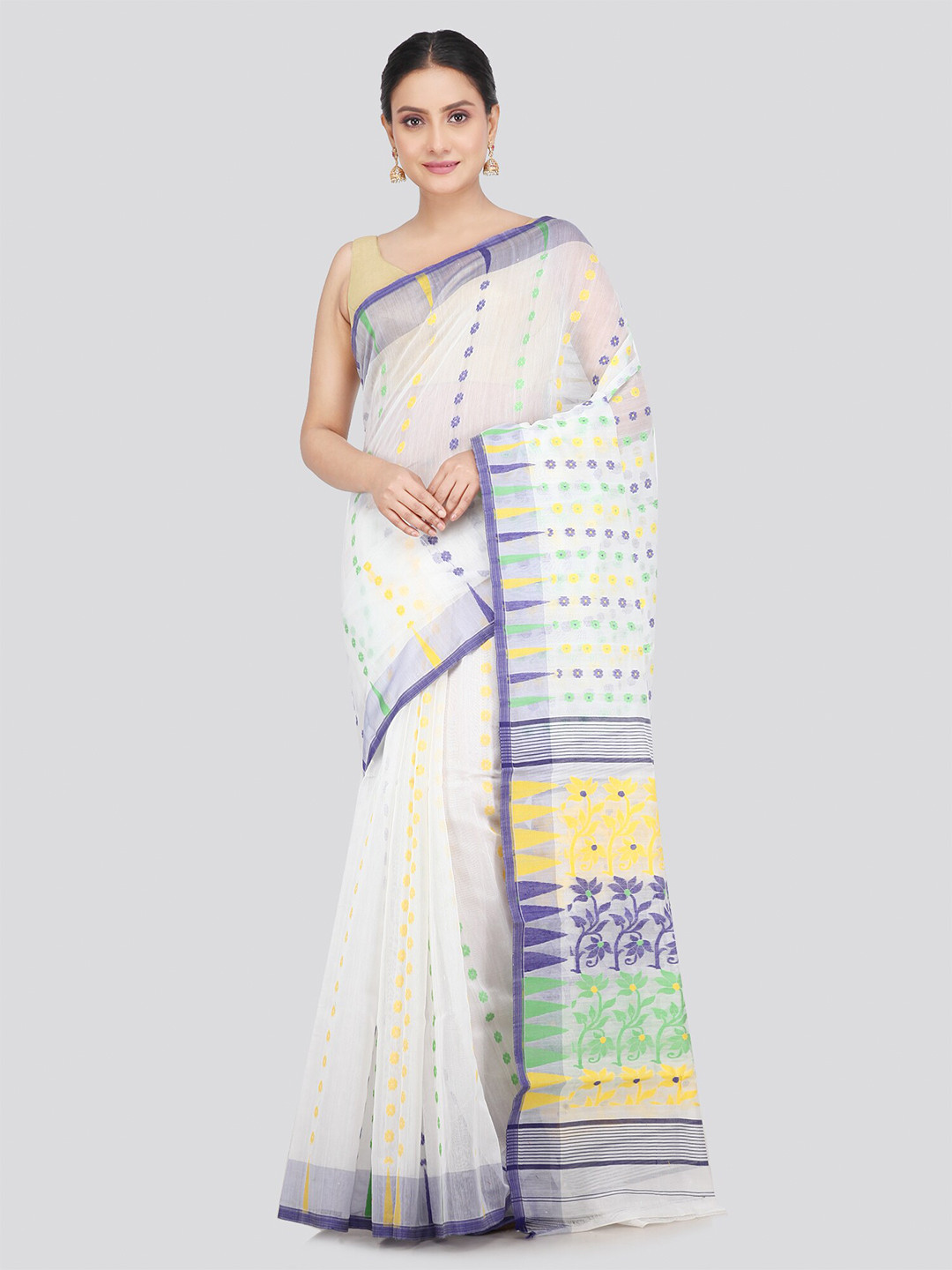 

PinkLoom Floral Woven Design Pure Cotton Handloom Jamdani Saree, White