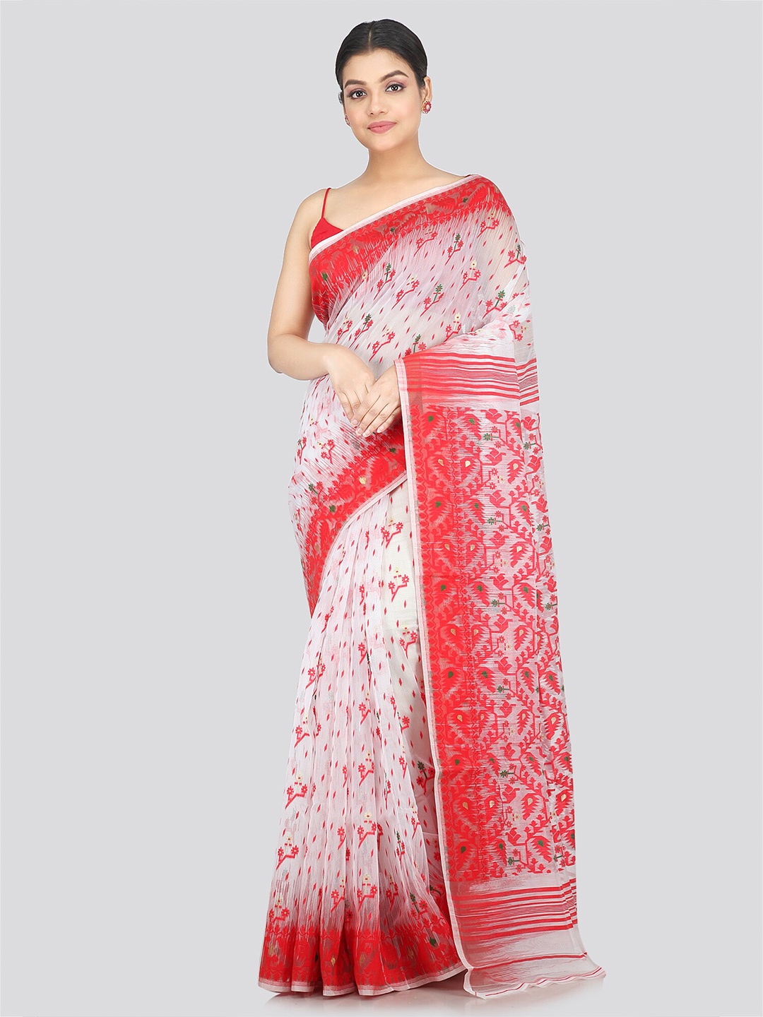 

PinkLoom Woven Design Zari Pure Cotton Jamdani Handloom Saree, White