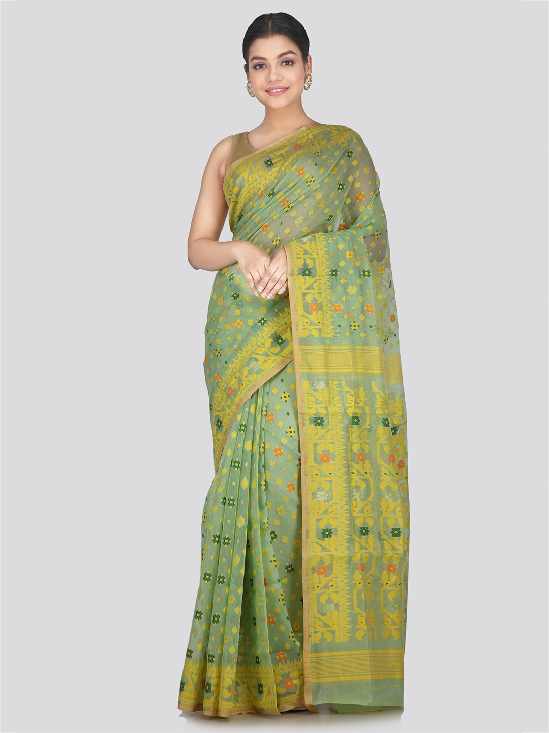 

PinkLoom Ethnic Motif Woven Design Pure Cotton Jamdani Saree, Green