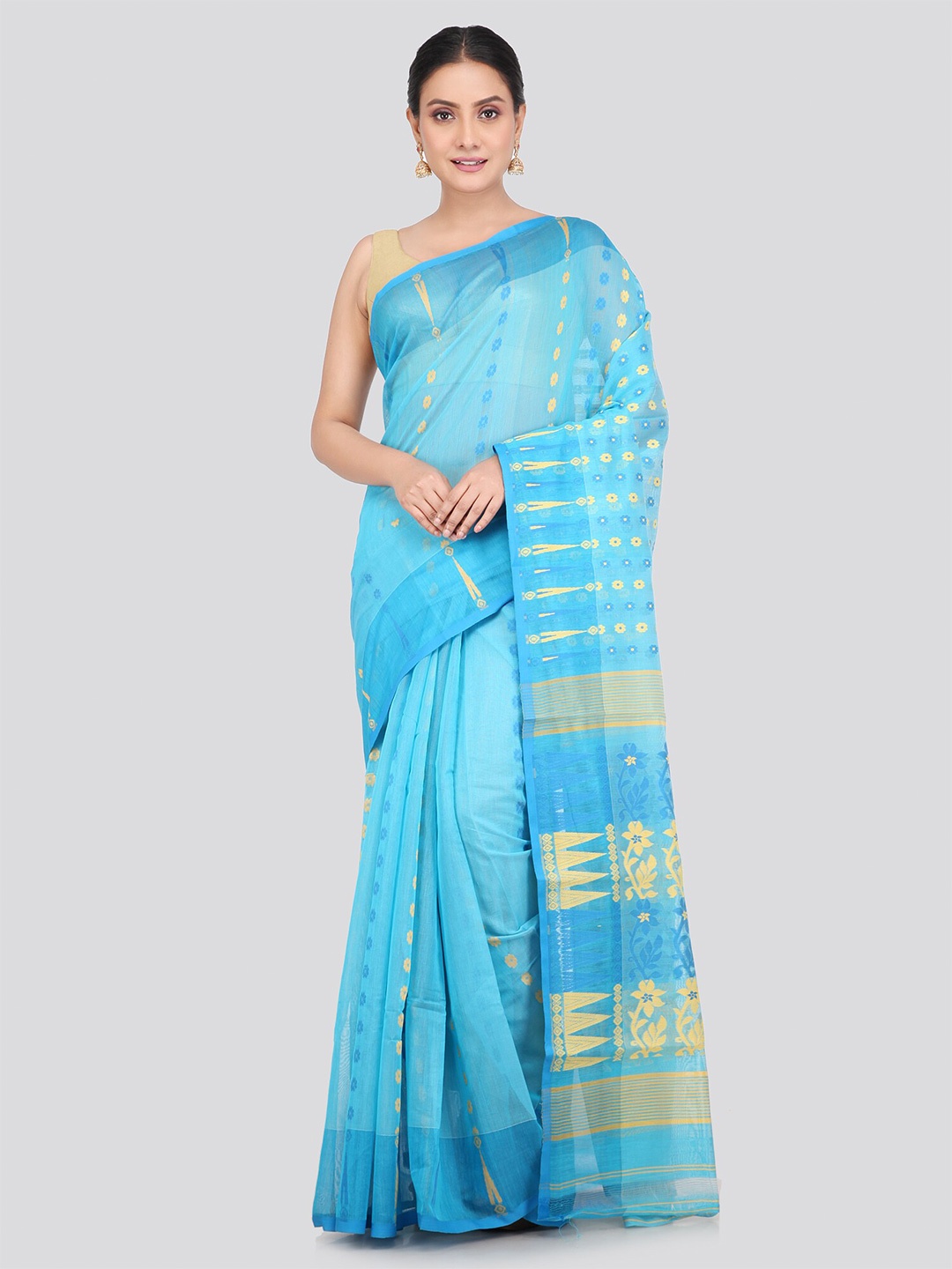 

PinkLoom Floral Woven Design Pure Cotton Jamdani Saree, Blue