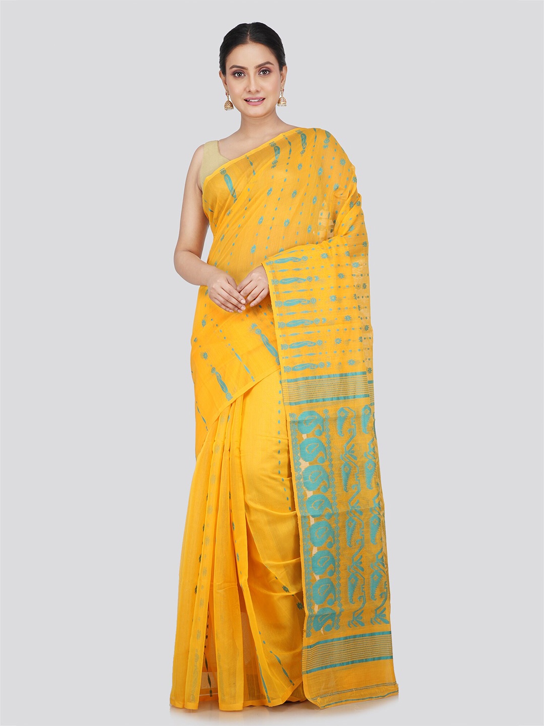 

PinkLoom Woven Design Pure Cotton Jamdani Saree, Yellow