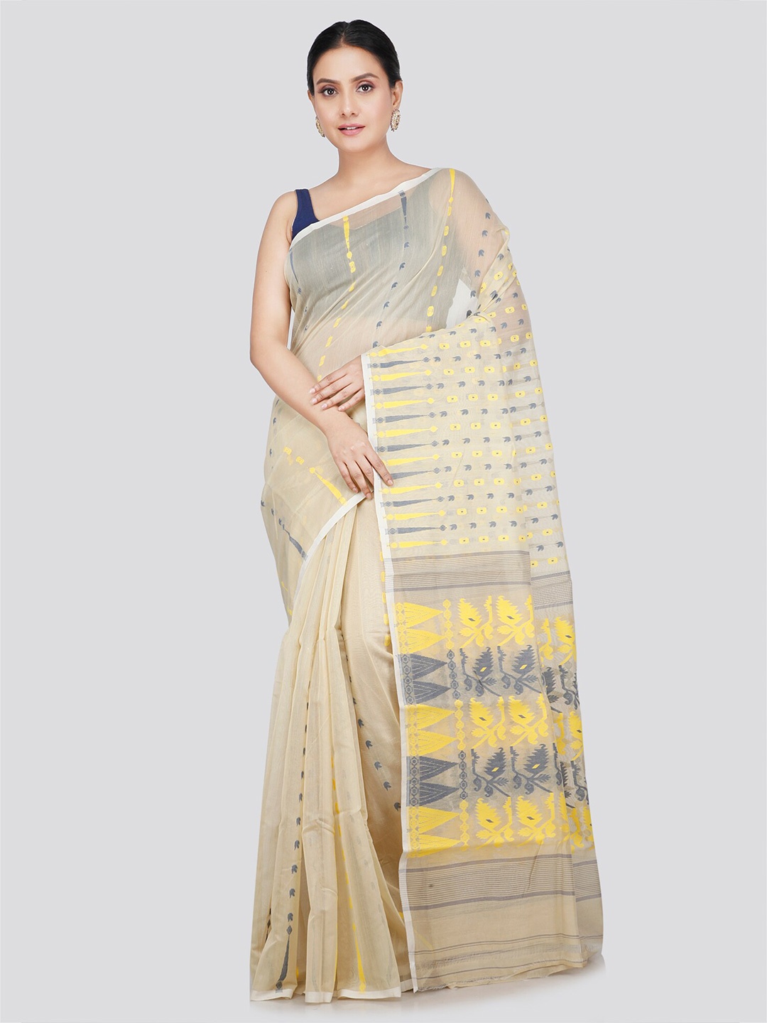

PinkLoom Woven Design Pure Cotton Jamdani Saree, Off white