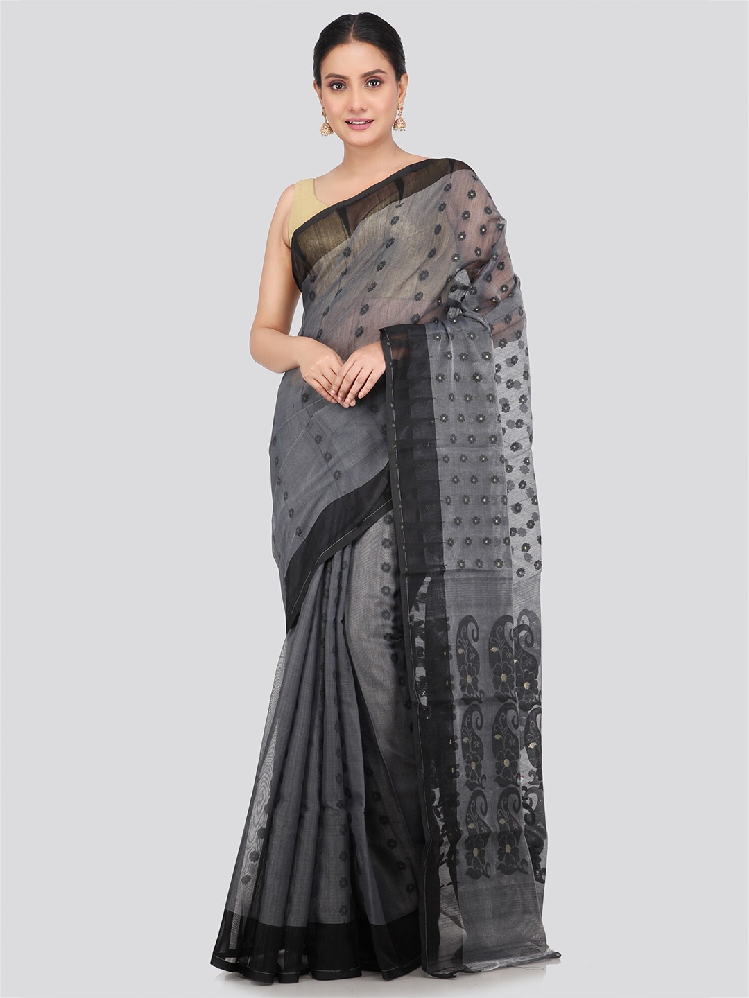 

PinkLoom Woven Design Pure Cotton Jamdani Saree, Grey