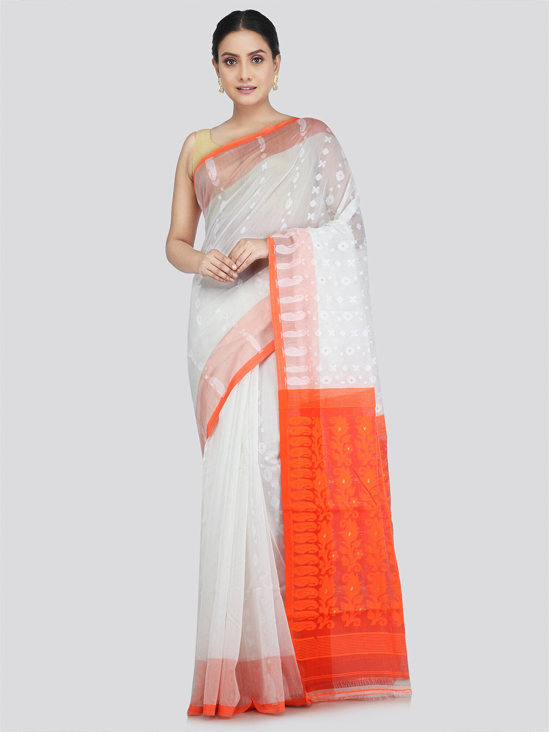 

PinkLoom Woven Design Pure Cotton Jamdani Saree, White