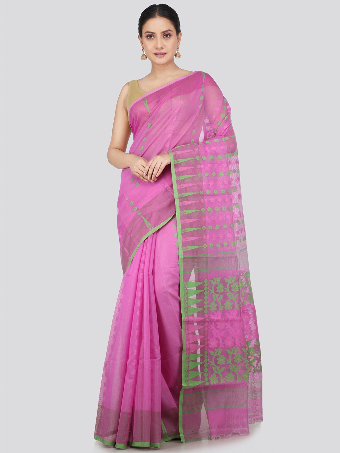 

PinkLoom Woven Design Pure Cotton Jamdani Saree, Pink