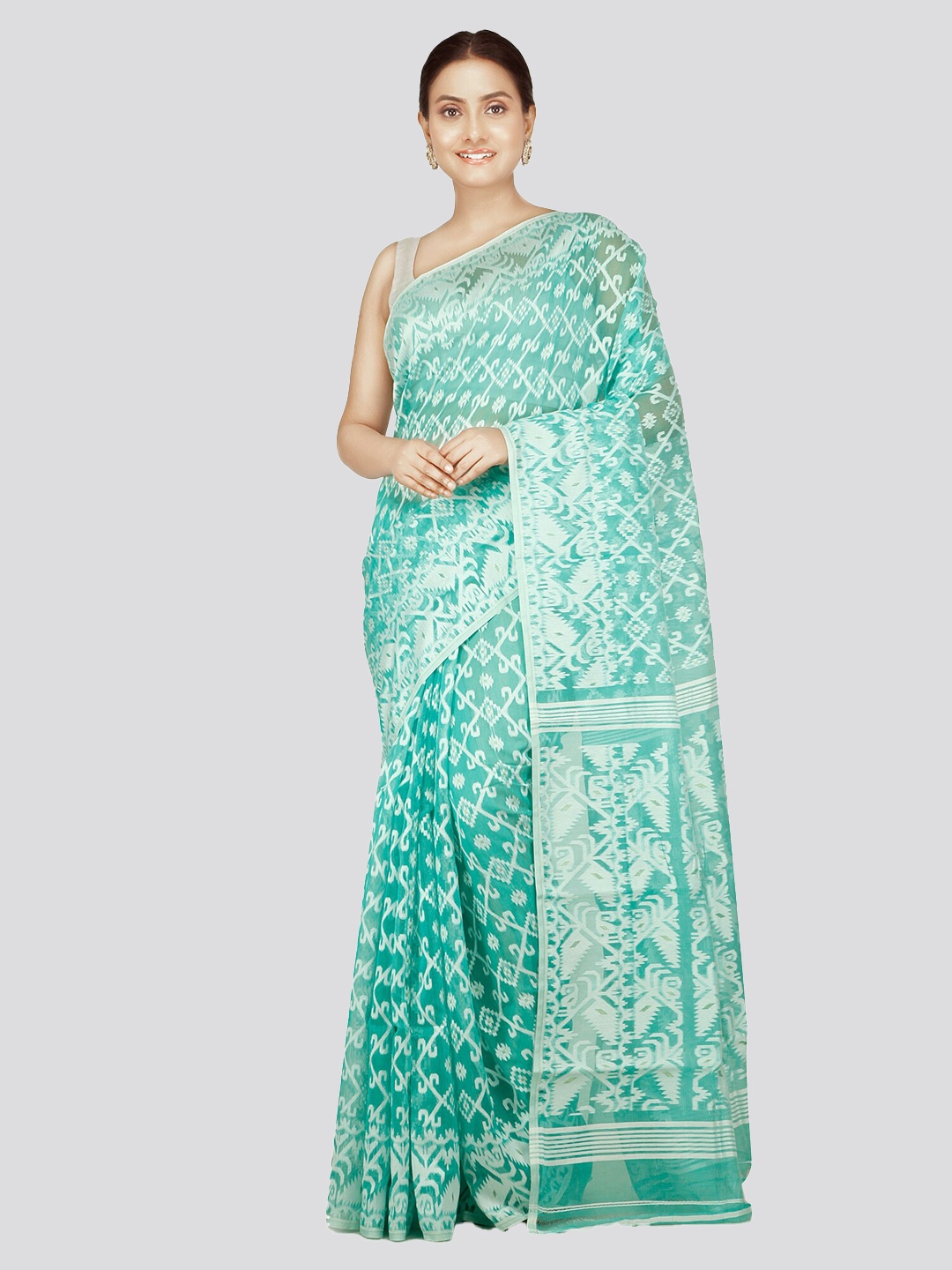 

PinkLoom Woven Design Pure Cotton Jamdani Saree, Turquoise blue