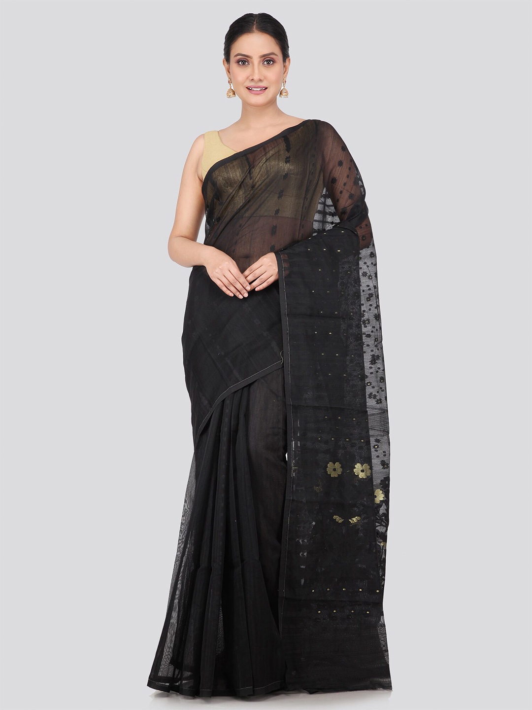 

PinkLoom Woven Design Pure Cotton Jamdani Saree, Black