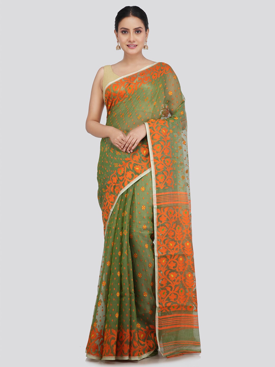 

PinkLoom Woven Design Pure Cotton Jamdani Saree, Green