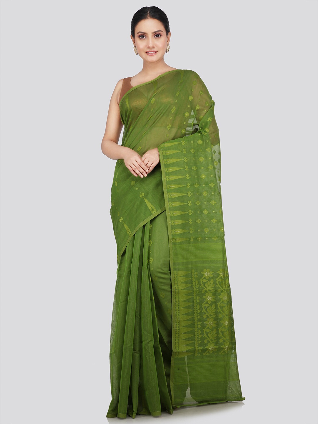

PinkLoom Woven Design Pure Cotton Jamdani Saree, Green