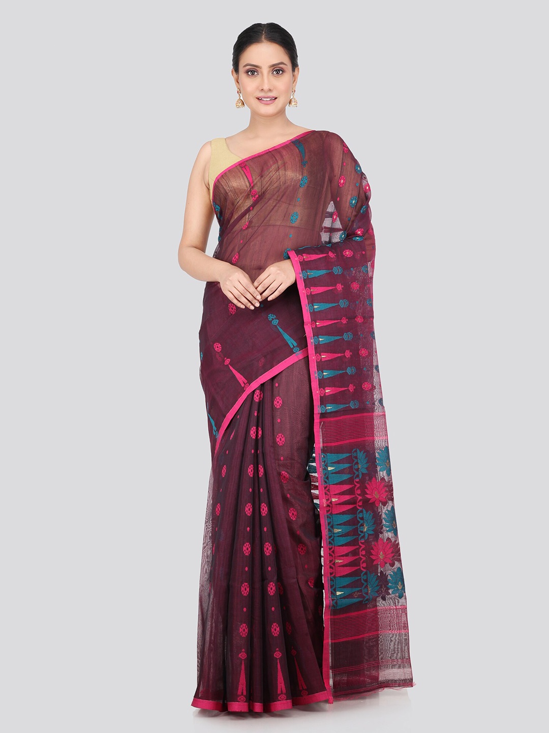 

PinkLoom Woven Design Pure Cotton Jamdani Saree, Maroon