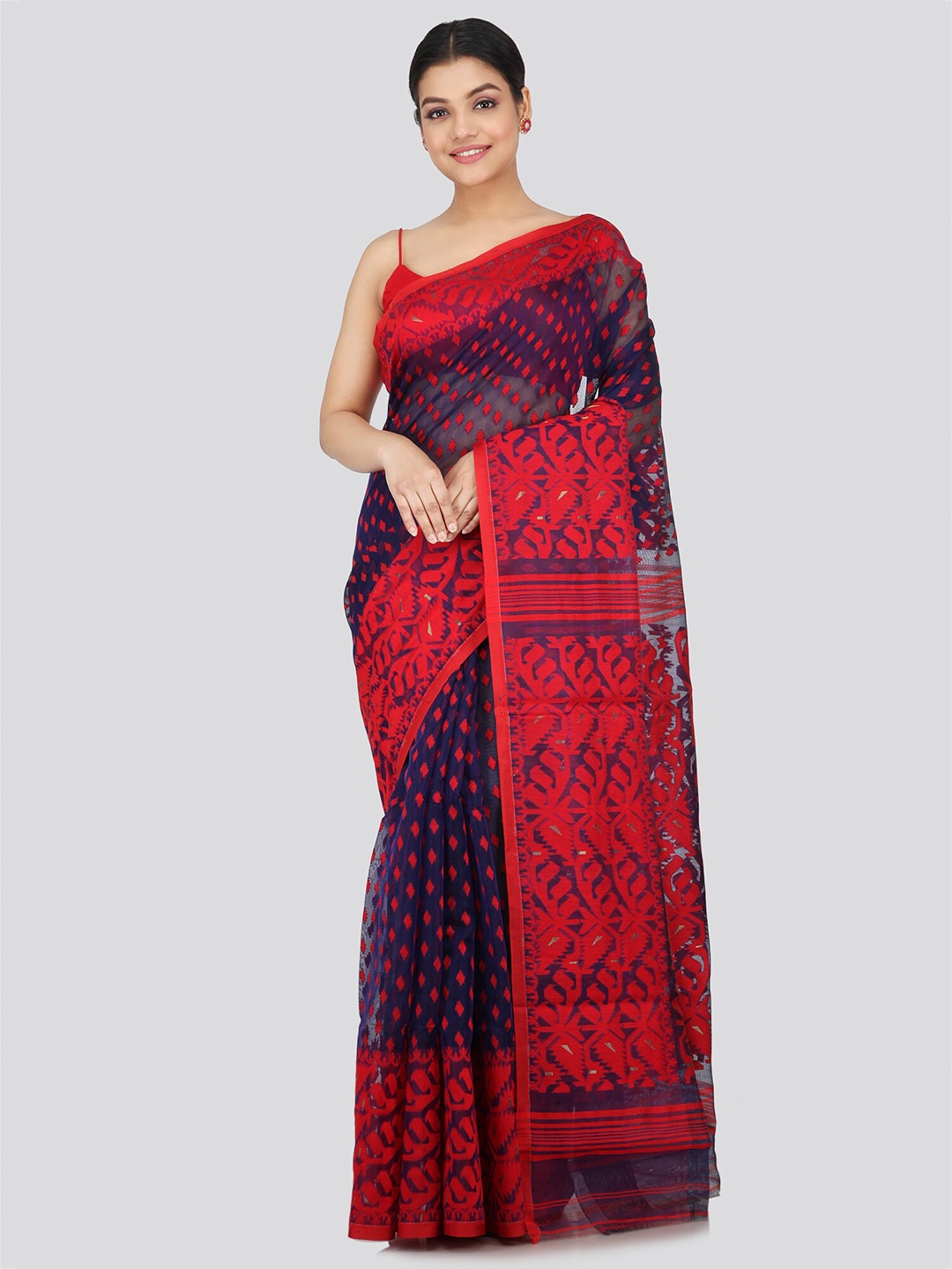 

PinkLoom Blue & Red Woven Design Pure Cotton Jamdani Saree