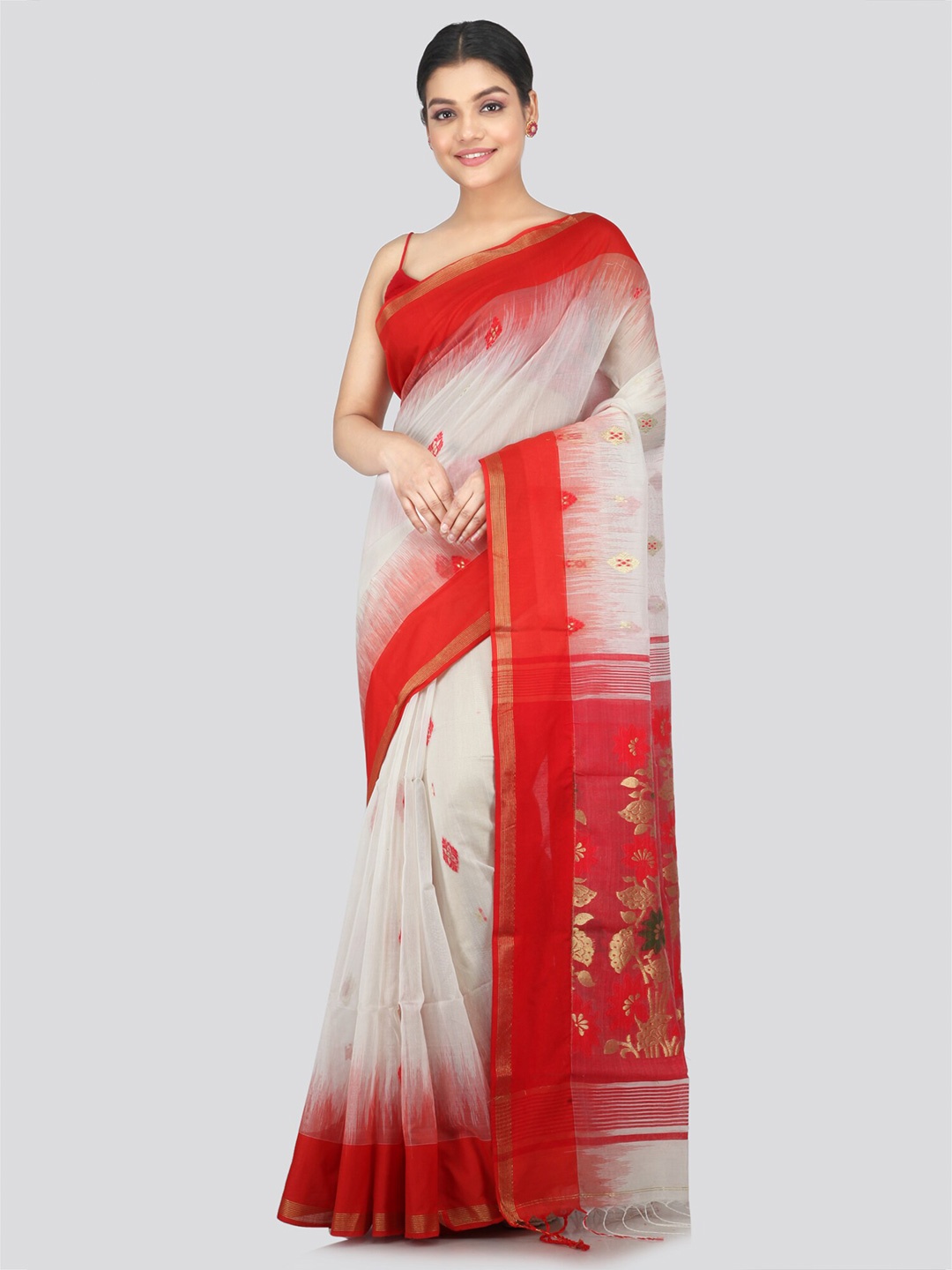 

PinkLoom Woven Design Cotton Silk Zari Saree, Off white