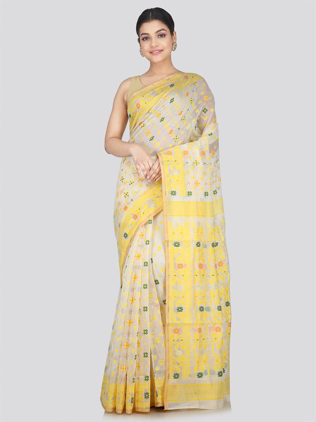 

PinkLoom Woven Design Pure Cotton Jamdani Saree, Off white