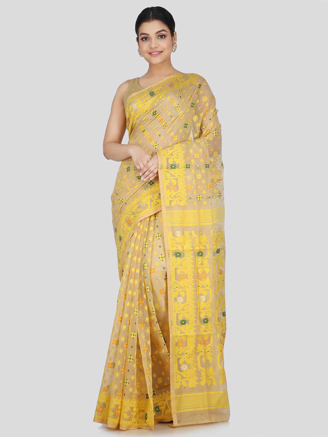 

PinkLoom Woven Design Pure Cotton Jamdani Saree, Beige