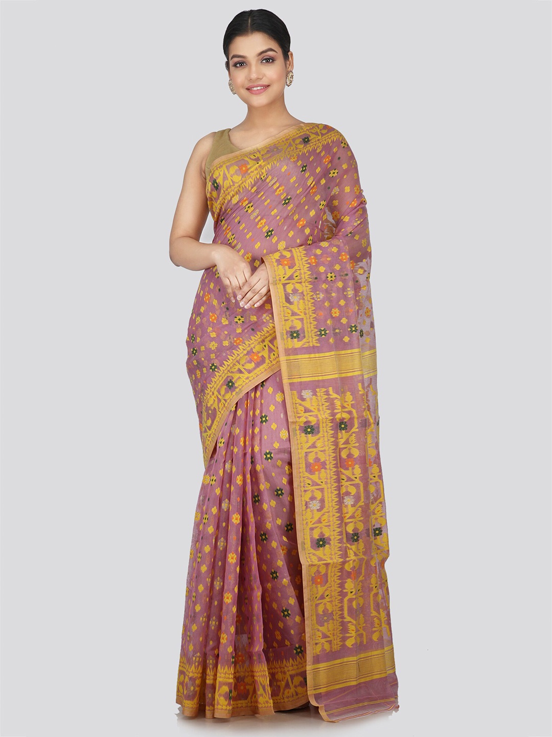 

PinkLoom Woven Design Pure Cotton Jamdani Saree, Purple
