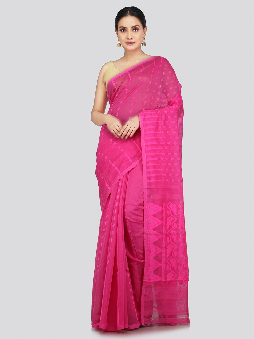 

PinkLoom Ethnic Motifs Woven Design Pure Cotton Jamdani Saree, Pink