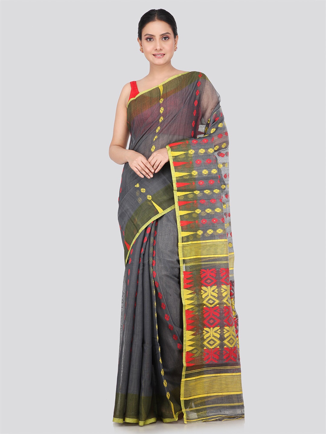 

PinkLoom Ethnic Motif Woven Design Pure Cotton Jamdani Saree, Grey
