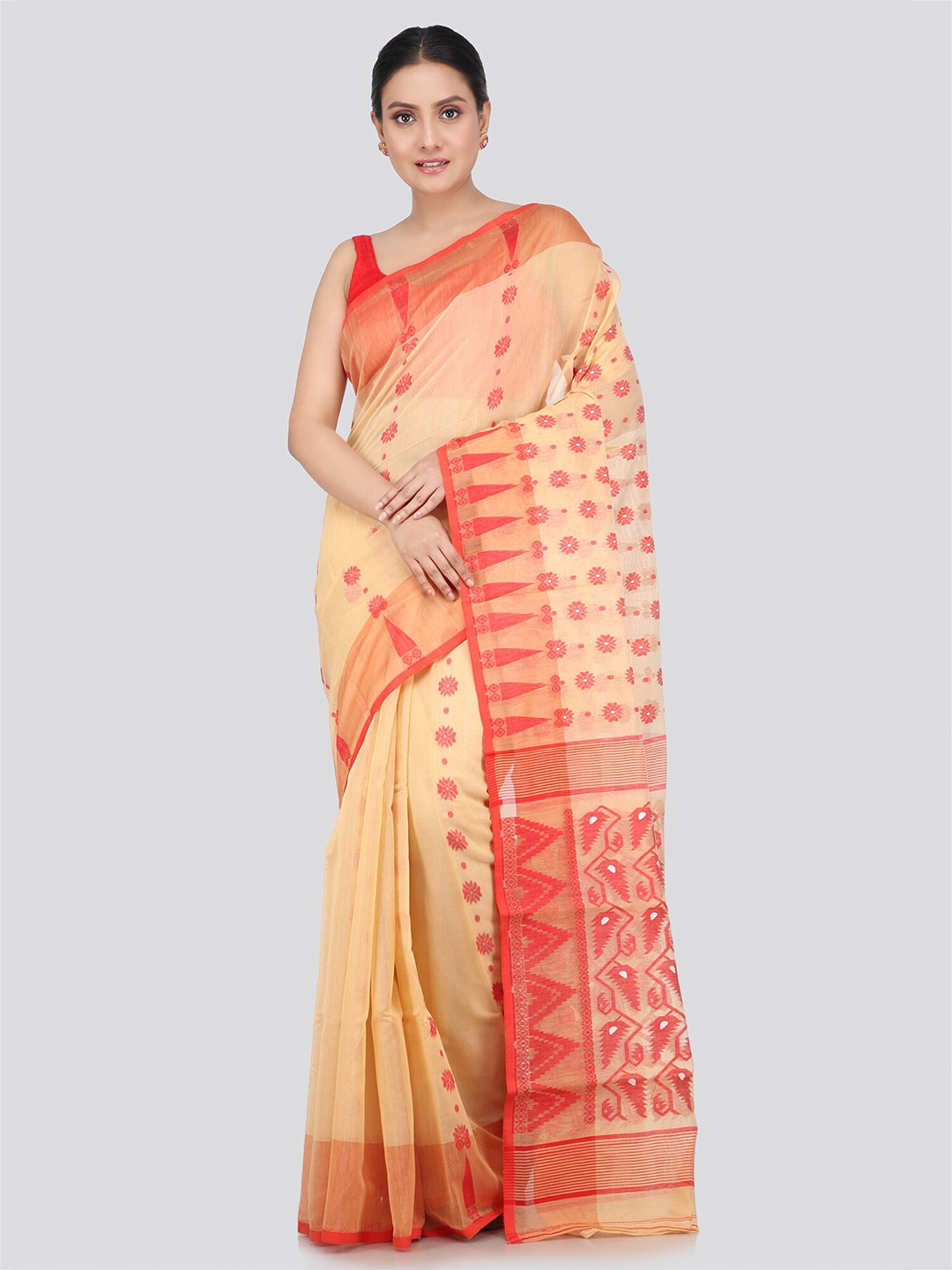 

PinkLoom Woven Design Pure Cotton Jamdani Saree, Beige