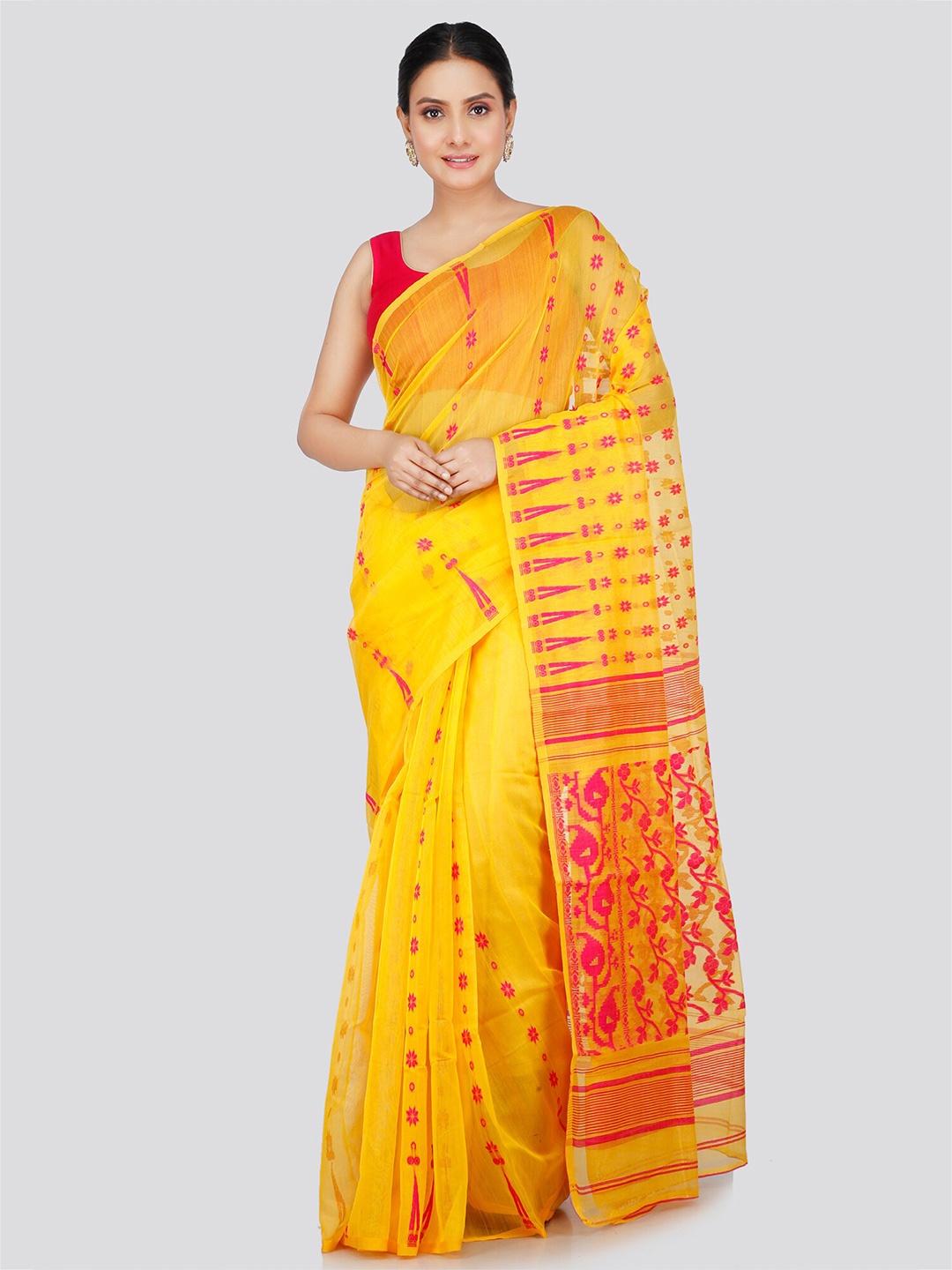 

PinkLoom Yellow & Magenta Woven Design Pure Cotton Handloom Jamdani Saree