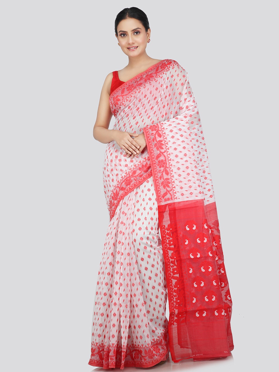 

PinkLoom Woven Design Pure Cotton Jamdani Saree, White