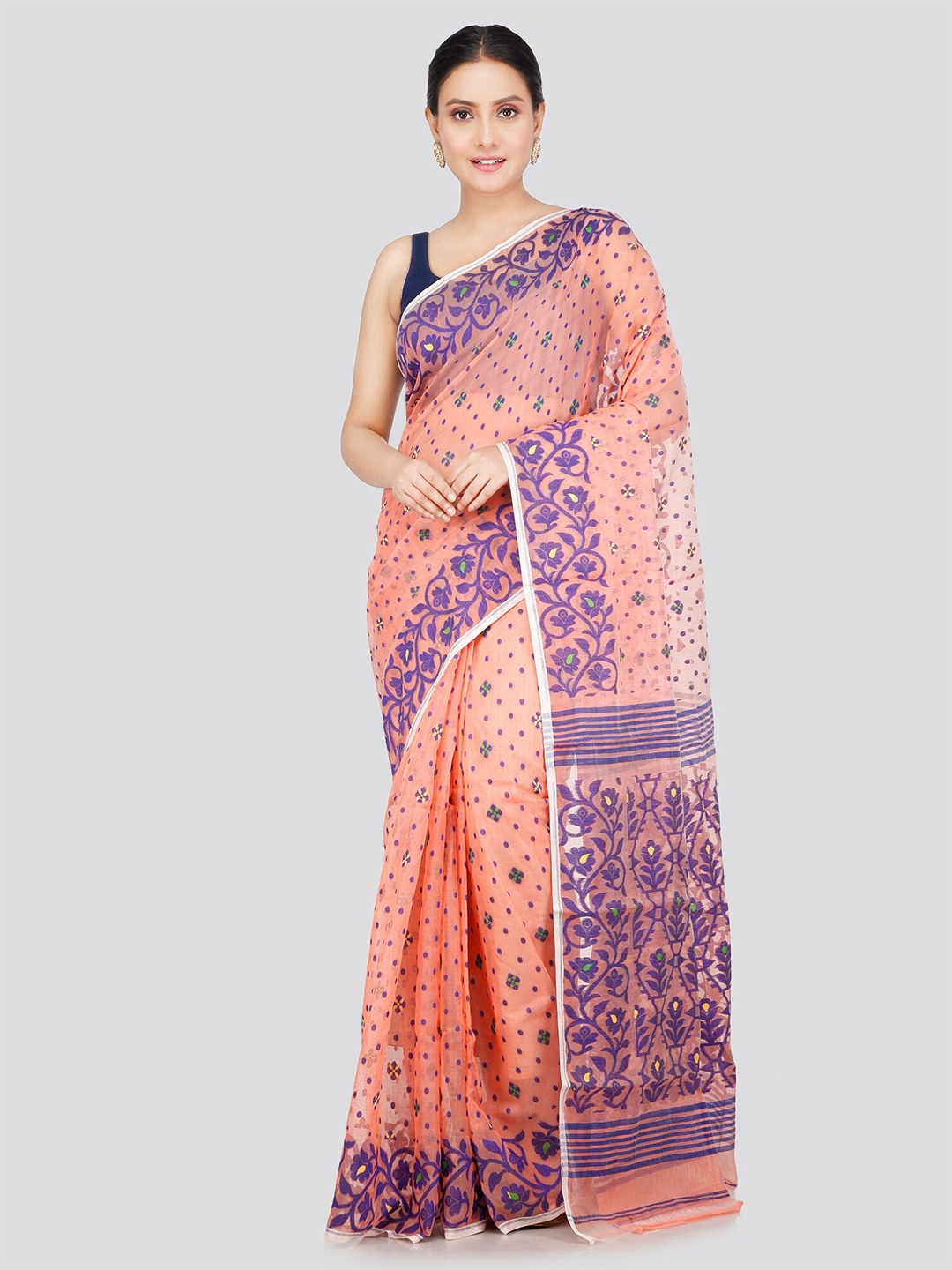 

PinkLoom Woven Design Pure Cotton Jamdani Handloom Saree, Peach