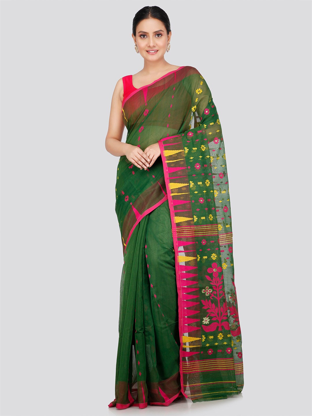 

PinkLoom Woven Design Pure Cotton Jamdani Saree, Green