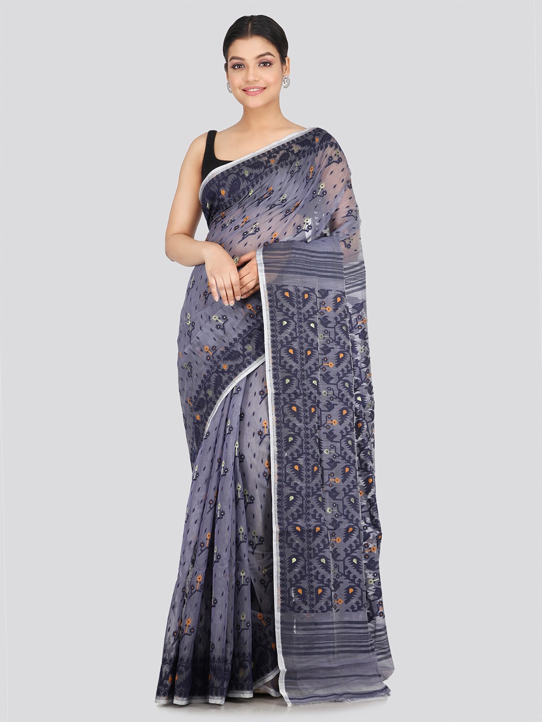 

PinkLoom Woven Design Pure Cotton Jamdani Saree, Grey