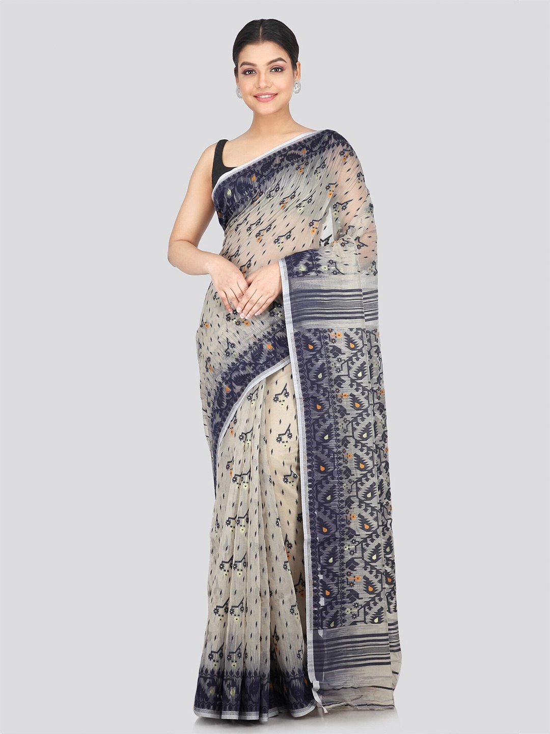 

PinkLoom Woven Design Pure Cotton Jamdani Saree, Grey