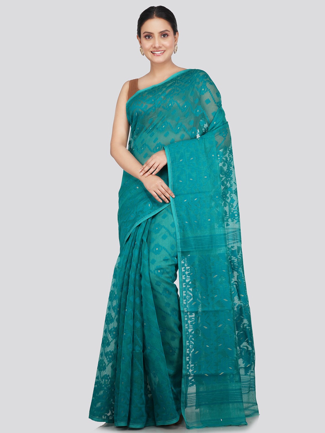 

PinkLoom Green Woven Design Pure Cotton Handloom Jamdani Saree, Blue