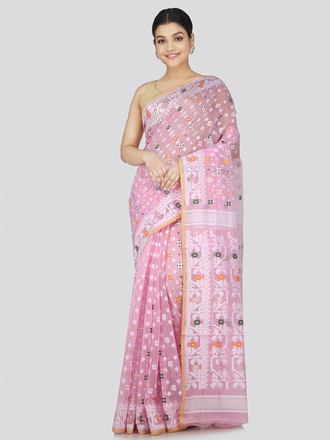 

PinkLoom Woven Design Pure Cotton Jamdani Saree, Pink