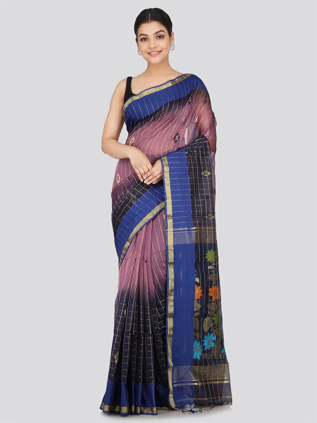 

PinkLoom Striped Woven Design Zari Cotton Silk Saree, Navy blue