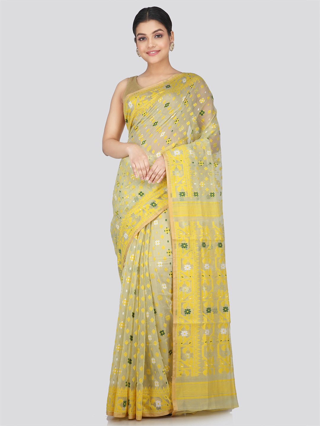 

PinkLoom Lime Woven Design Pure Cotton Jamdani Handloom Saree, Lime green
