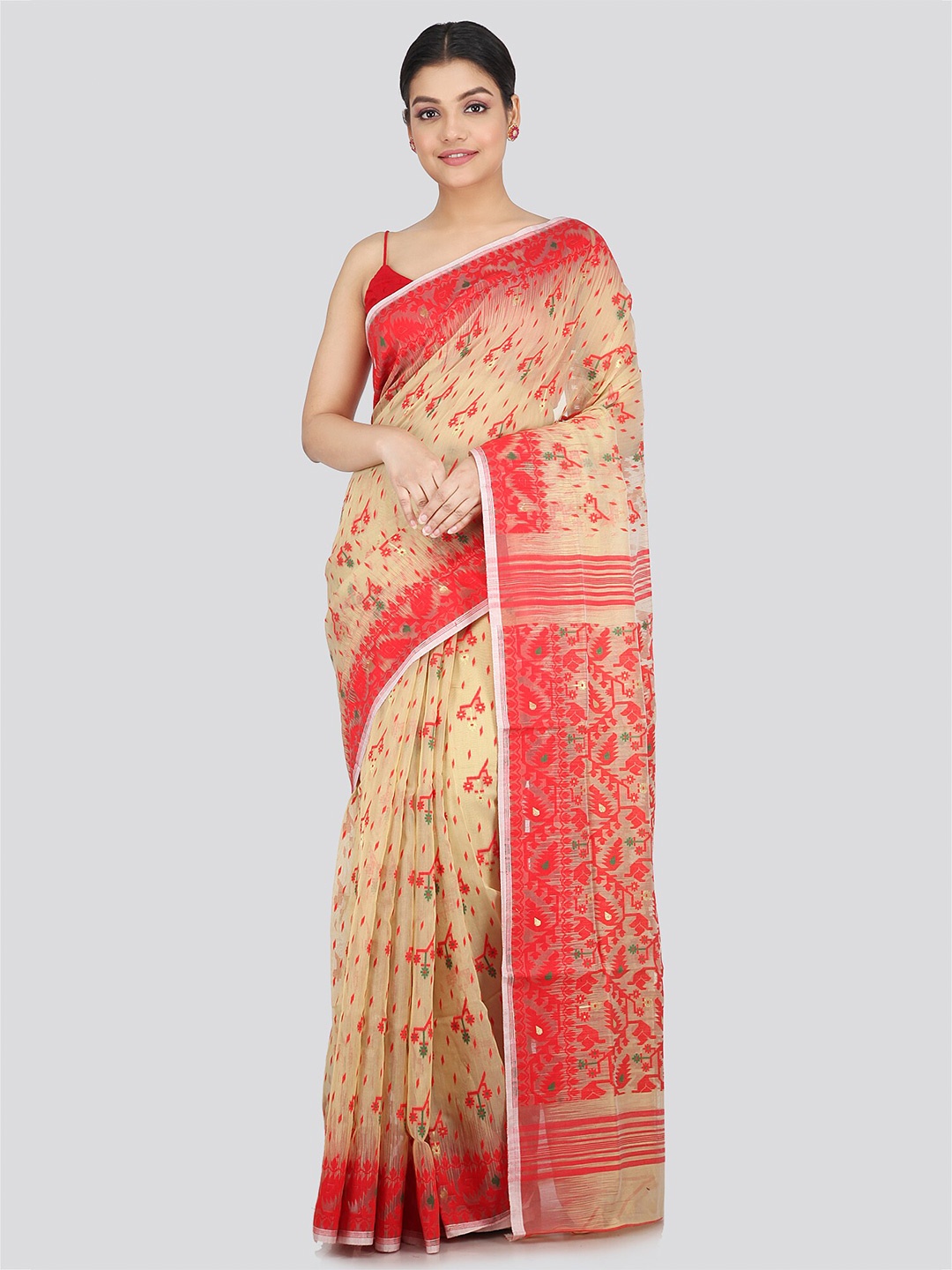 

PinkLoom Ethnic Motifs Woven Design Pure Cotton Jamdani Saree, Beige