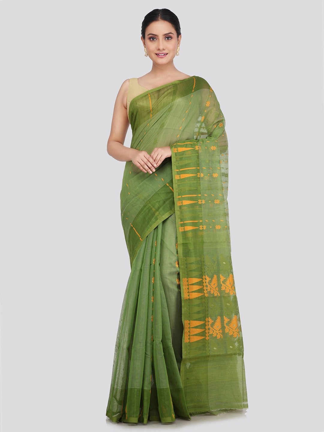 

PinkLoom Ethnic Motifs Woven Design Pure Cotton Jamdani Saree, Green