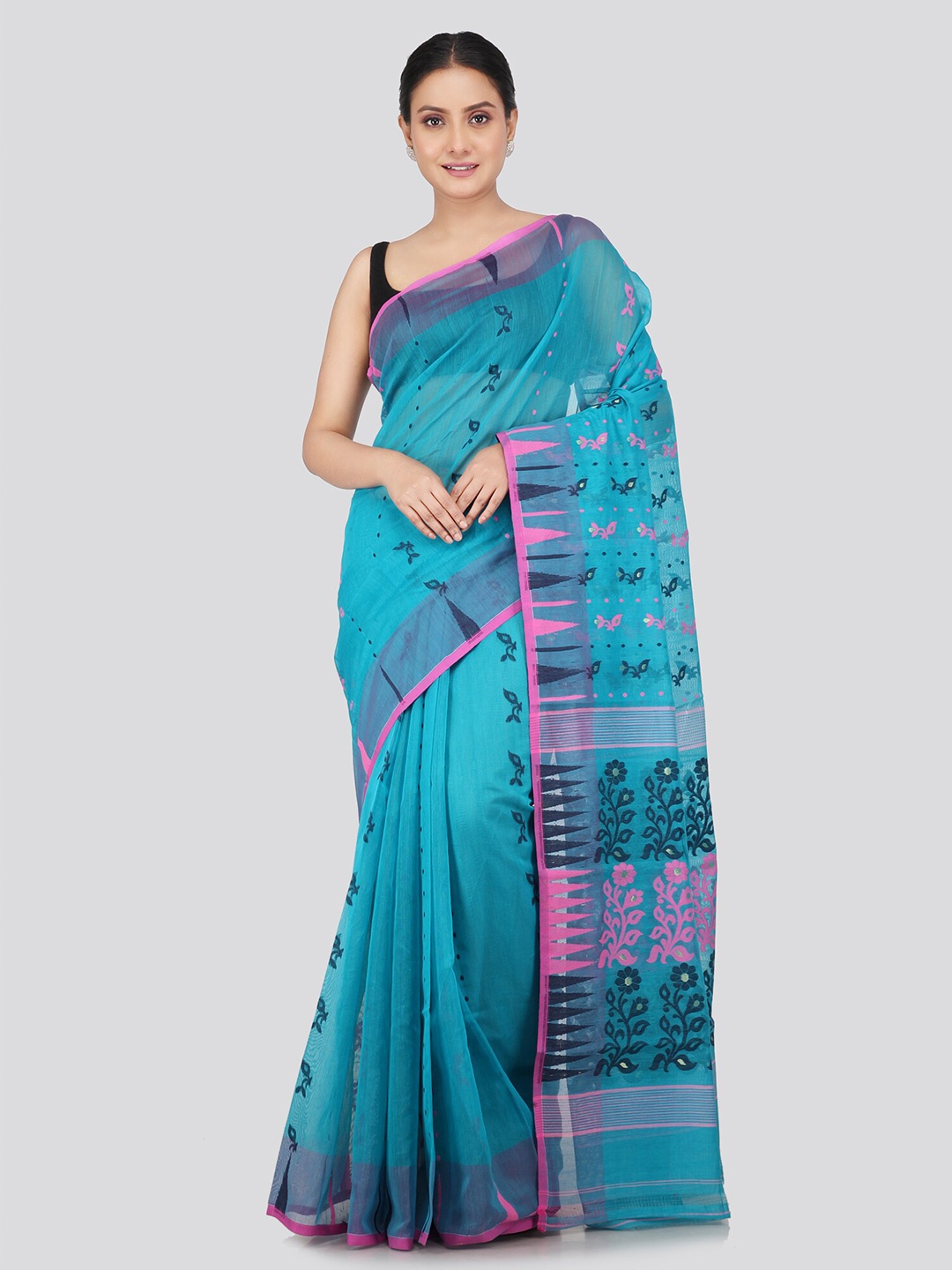 

PinkLoom Ethnic Motifs Woven Design Pure Cotton Jamdani Saree, Blue