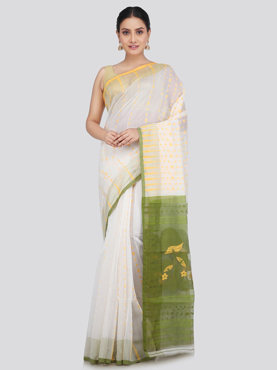 

PinkLoom Woven Design Pure Cotton Jamdani Saree, White
