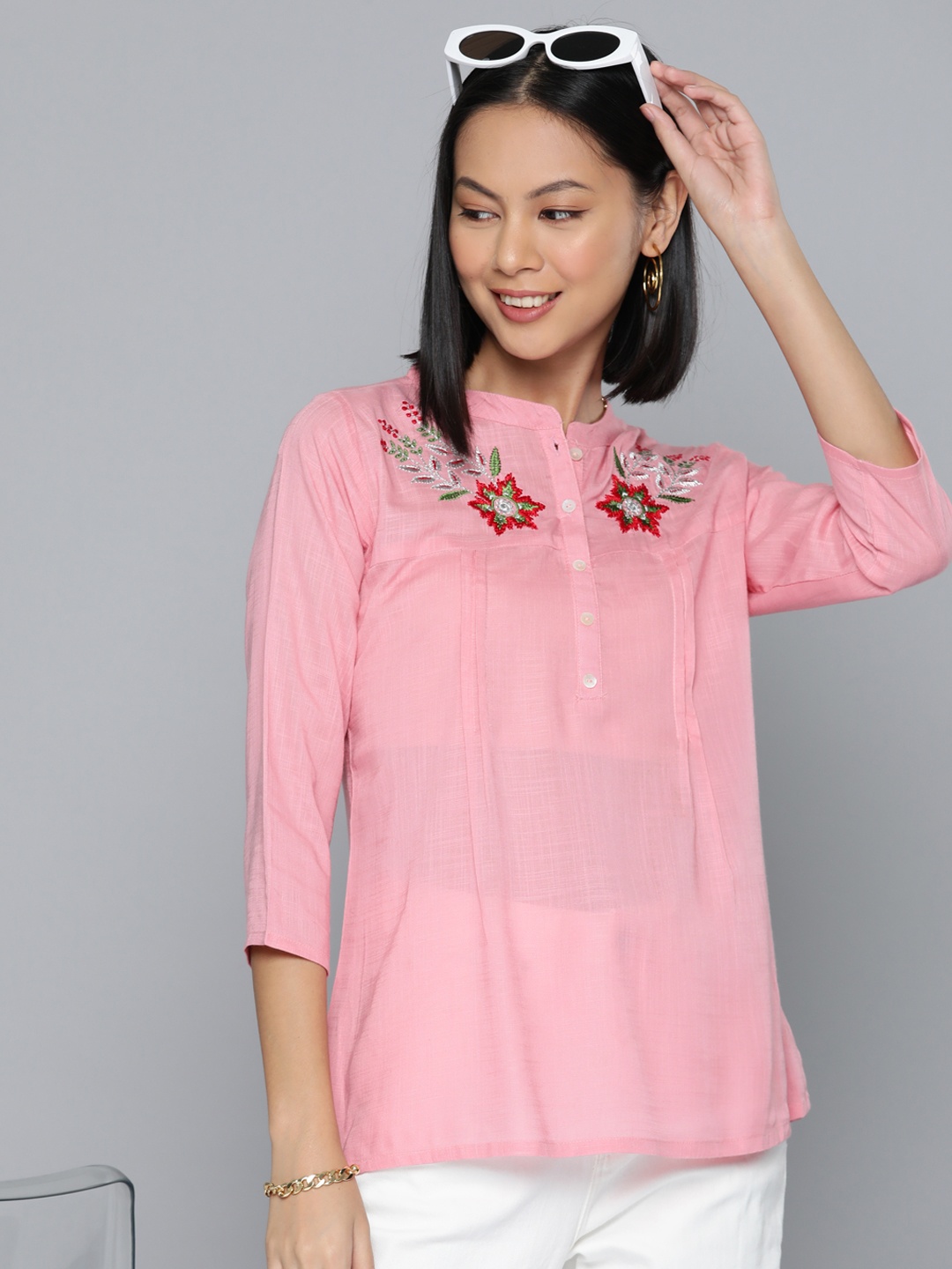 

HERE&NOW Floral Embroidered Mandarin Collar Top, Pink