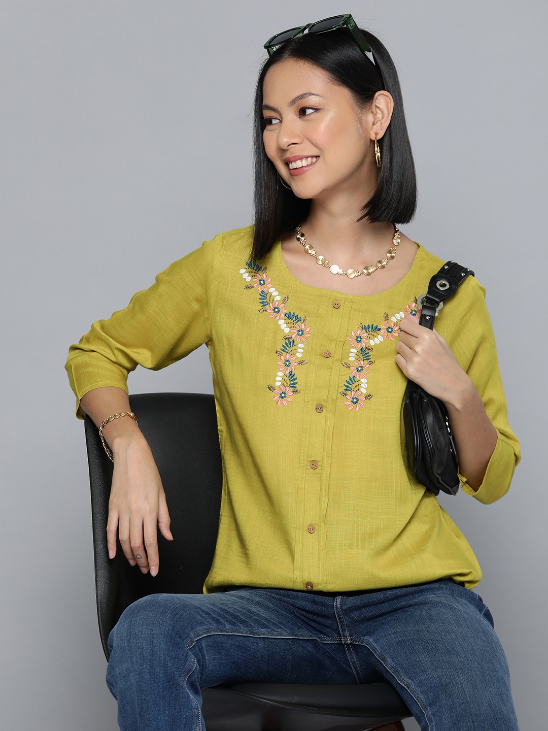 

HERE&NOW Floral Embroidered Top, Lime green