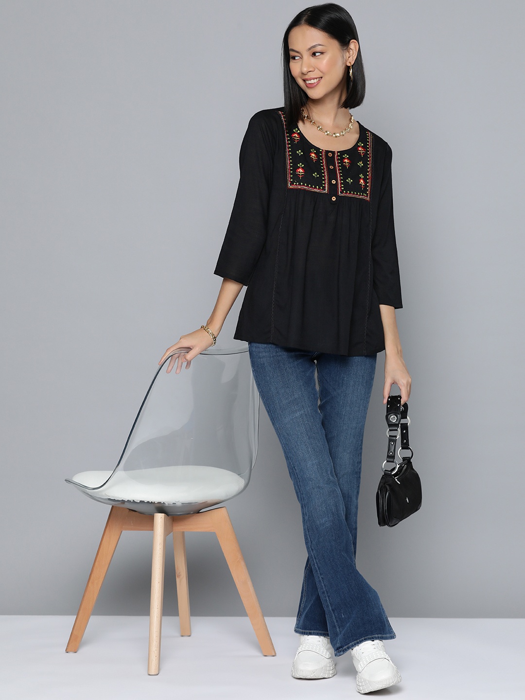 

HERE&NOW Floral Embroidered Top, Black