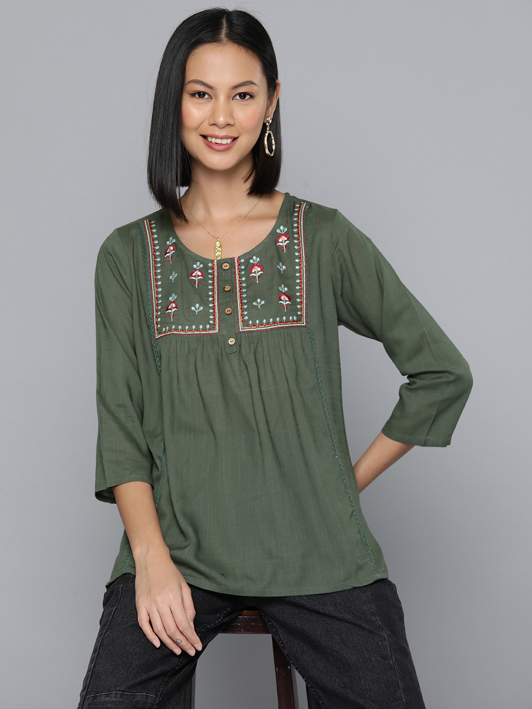

HERE&NOW Floral Embroidered Top, Green