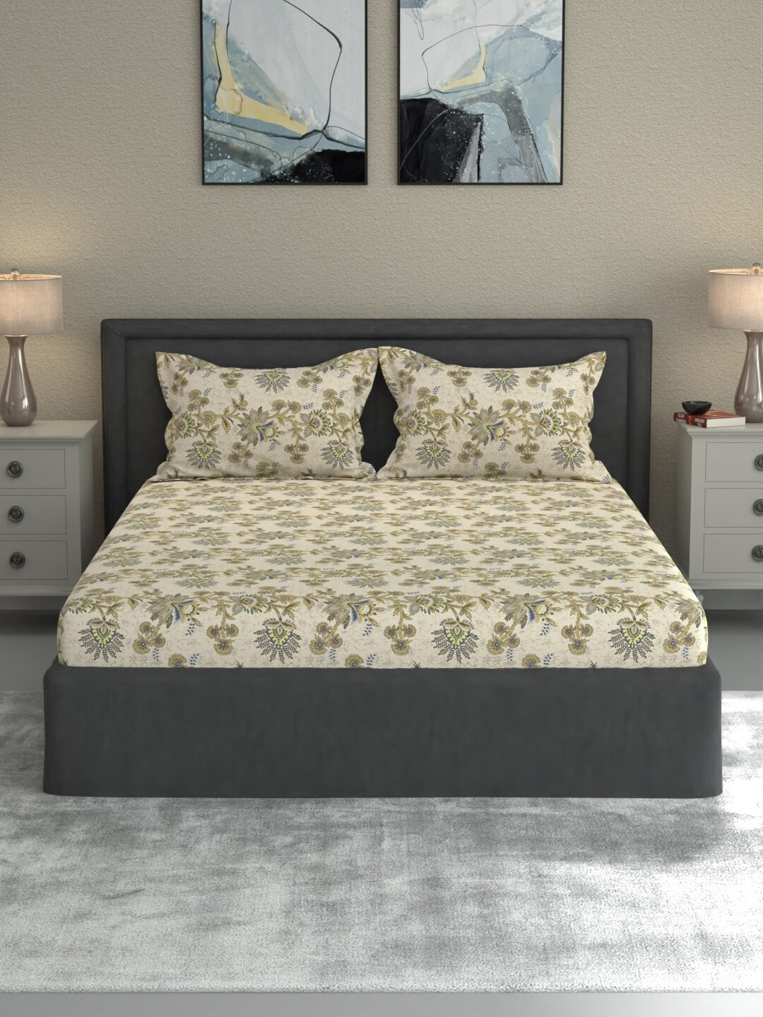 

ROSARA HOME Emma Cream Coloured & Beige Floral 120 TC Queen Bedsheet With 2 Pillow Covers