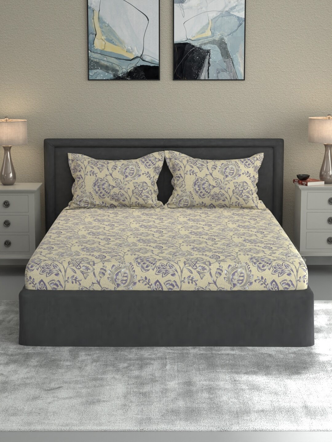 

ROSARA HOME Joshua Beige & Grey Floral 120 TC Queen Bedsheet With 2 Pillow Covers
