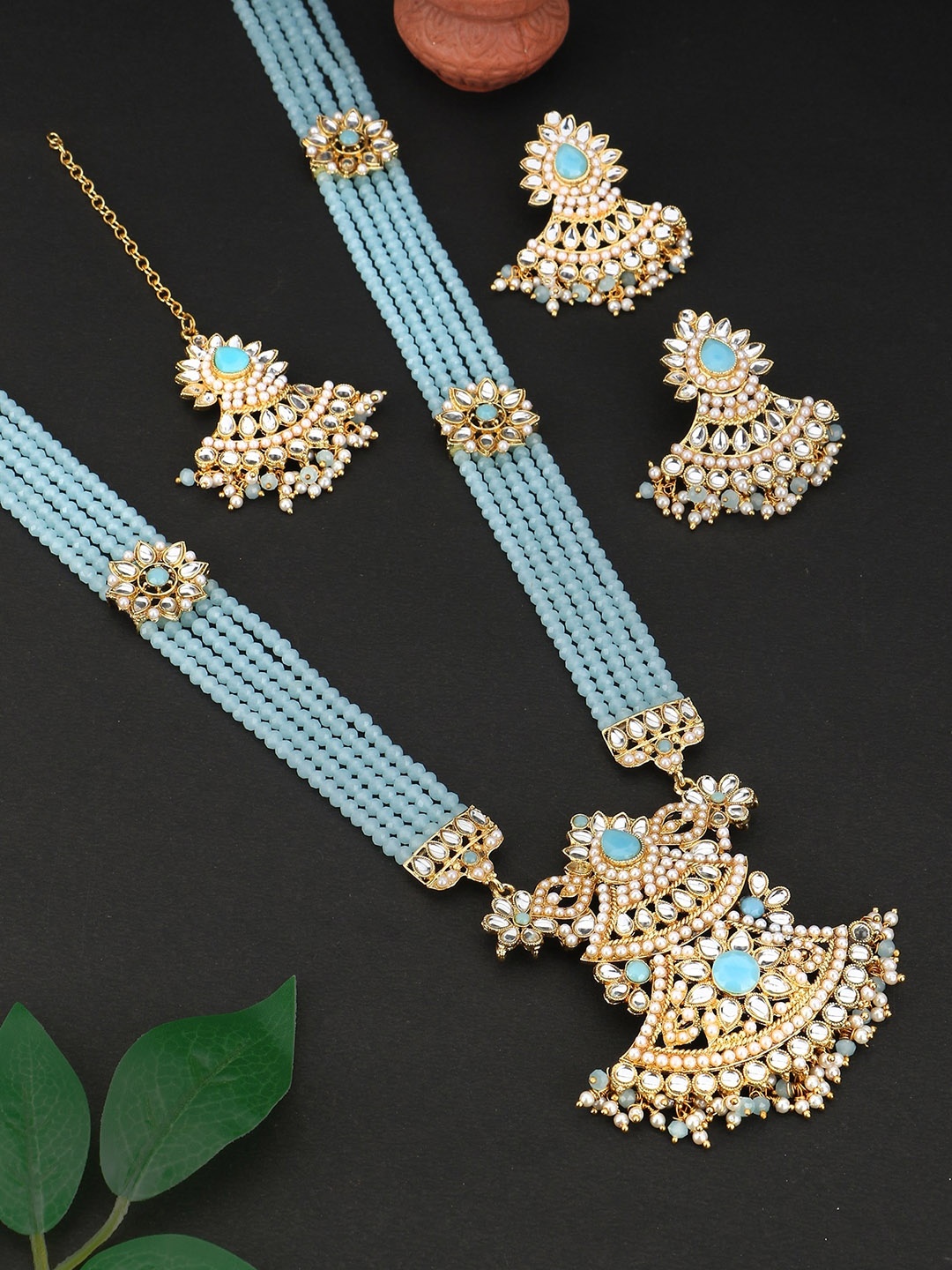 

Adwitiya Collection 24CT Gold-Plated Stone & Kundan Studded Beaded Necklace & Earrings